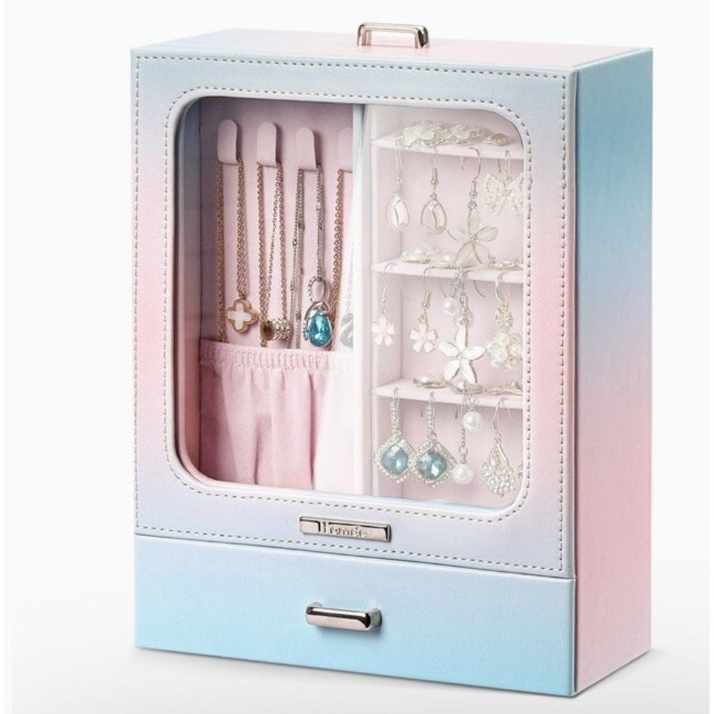 Ombre  Jewelry Box with Display Window, 2-Layer Jewelry Organizer, 1 Drawer